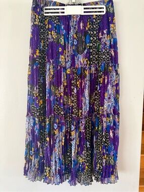 Vtg 90s Y2K Peter Nygard Patchwork Crinkle Maxi Skirt Purple Metallic Boho S